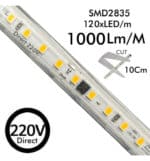Tira LED 220V  CORTE A MEDIDA  120LED/M  50m  SMD 2835  1000Lm 10W/M CRI90 IP65 Corte 10cm - Imagen 4