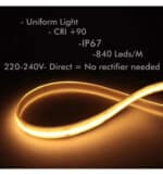 Tira LED COB 220V Directa 20W/M 840 LED/M FLIP CHIP CRI90 IP67 Rollo 50 Metros - Imagen 3