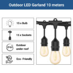 Guirnalda solar exterior - 15 Bombillas LED filamento E27 - IP44 - 10 metros