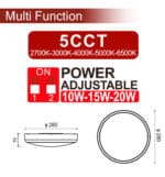 Plaf&oacute;n LED Potencia Ajustable 20W - 15W- 10W 5CCT Sensor De Radar IP44 - Imagen 5