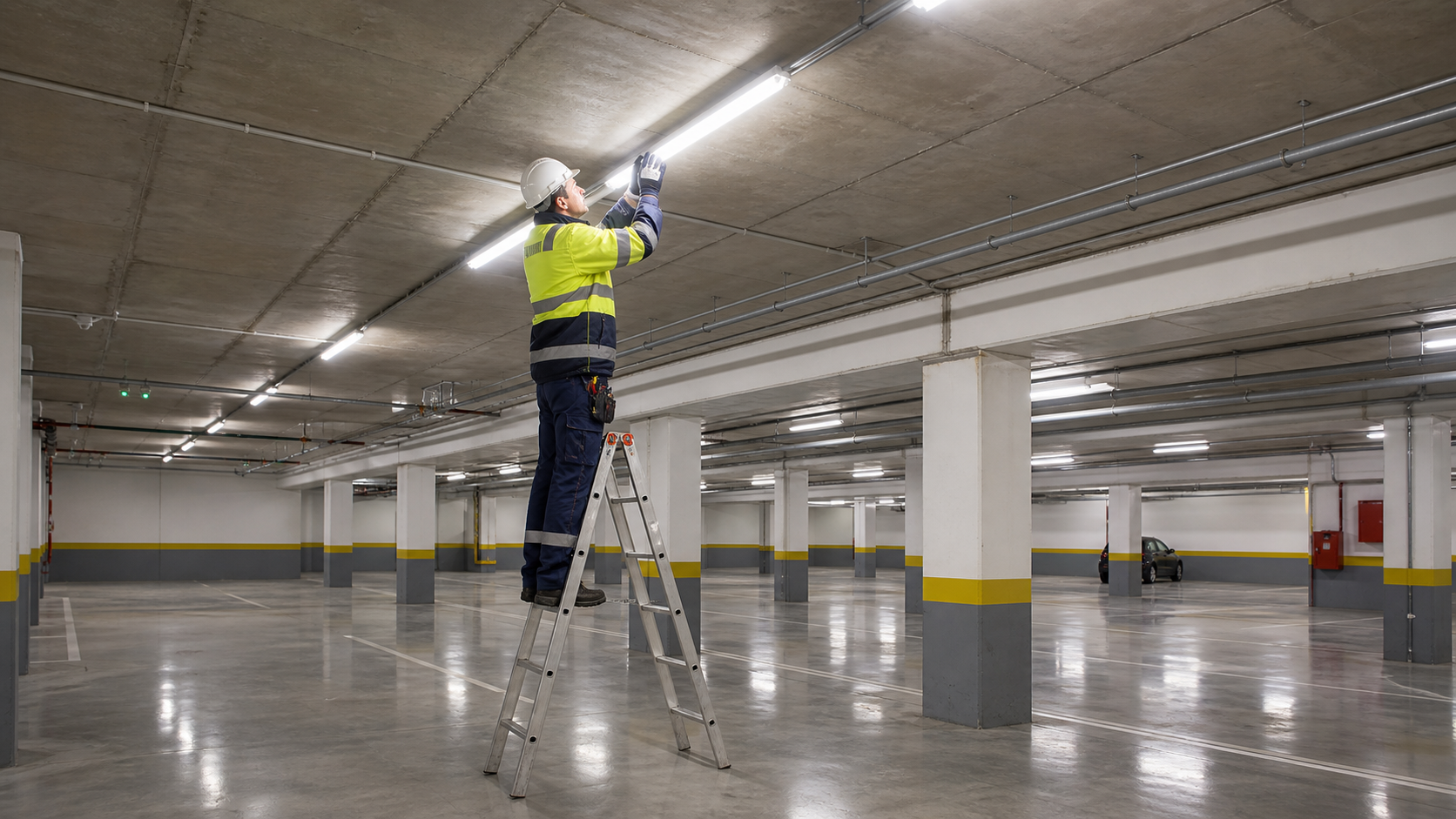 Técnico en una escalera revisando una luminaria LED en el techo alto de un garaje