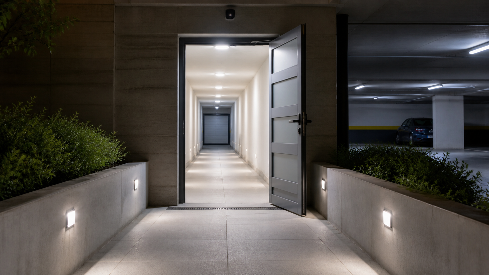 Acceso peatonal de garaje iluminado con LED y sensor de presencia
