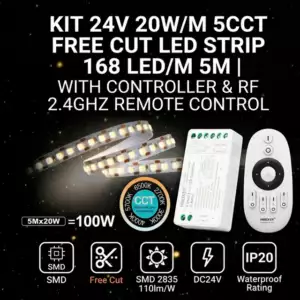 Kit Tira LED 24V 20W/m 5CCT Free Cut 168 LED/m 5m con Controladora y Control Remoto RF 2.4GHz Kit Tira LED 24V 20W/m 5CCT Free Cut 168 LED/m 5m con Controladora y Control Remoto RF 2.4GHz