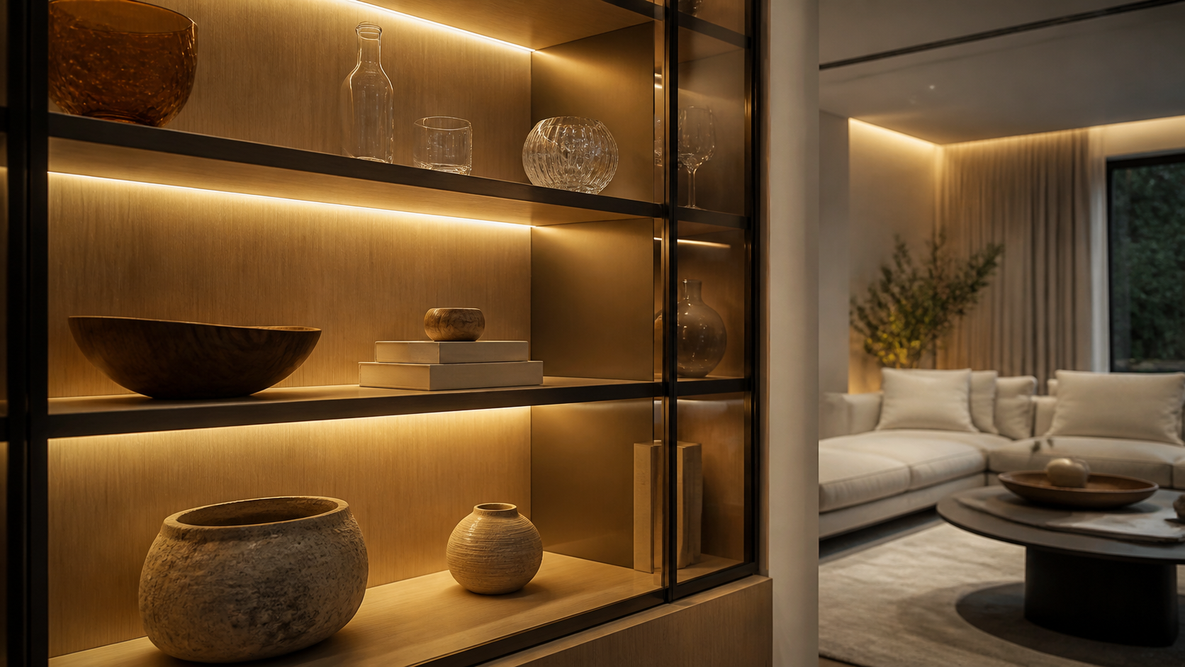 Vitrina doméstica iluminada con una tira LED en perfil de aluminio