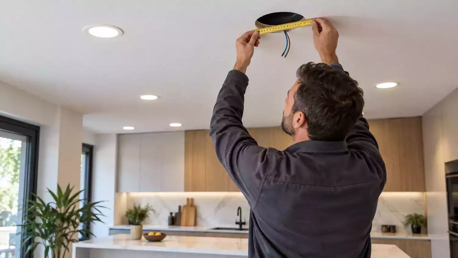 Electricista midiendo el hueco de corte de un downlight LED en el techo de una cocina