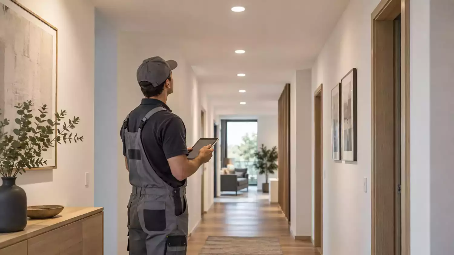 Instalador revisando una distribución uniforme de downlights LED en un pasillo