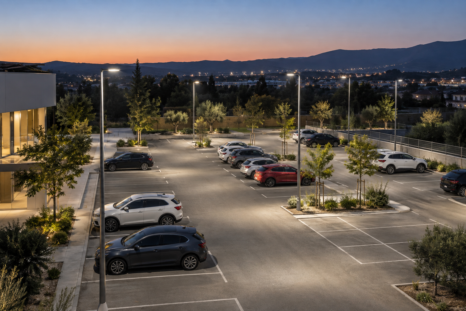Aparcamiento exterior con iluminación uniforme mediante farolas LED