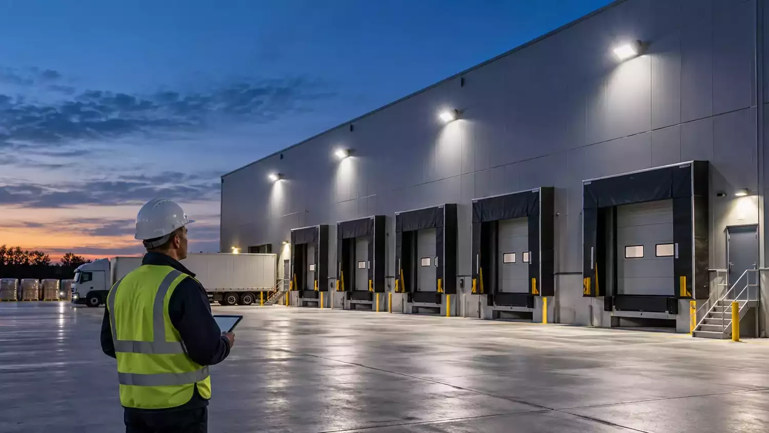 Muelle de carga iluminado de forma uniforme con proyectores LED exteriores