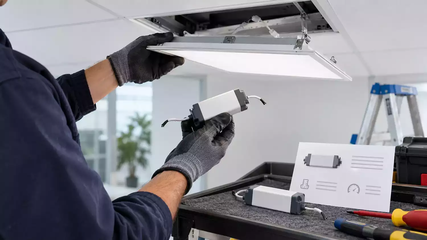 Instalador comparando un driver LED de recambio en una instalación de techo