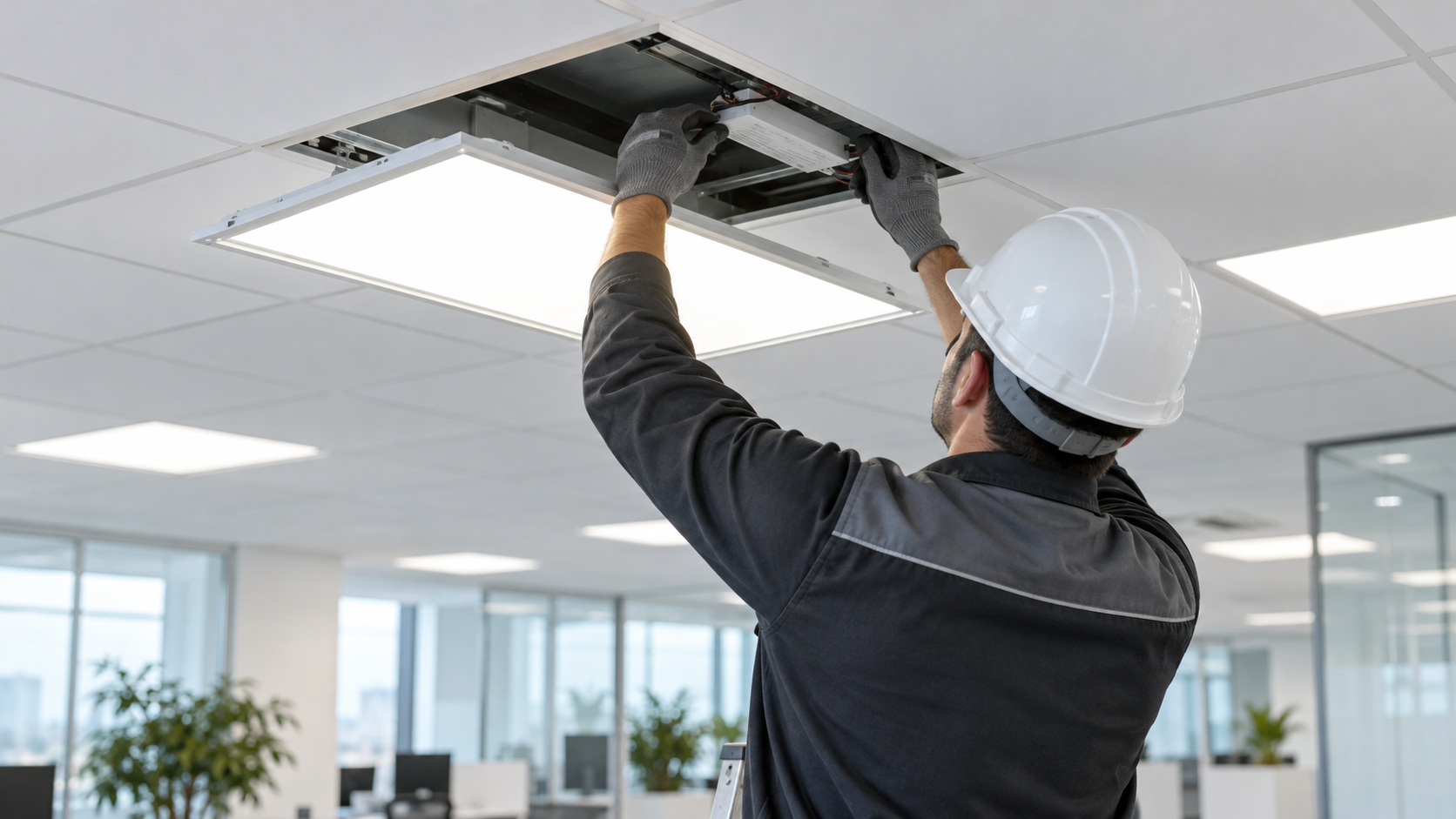 Técnico revisando el driver de un panel LED en una oficina