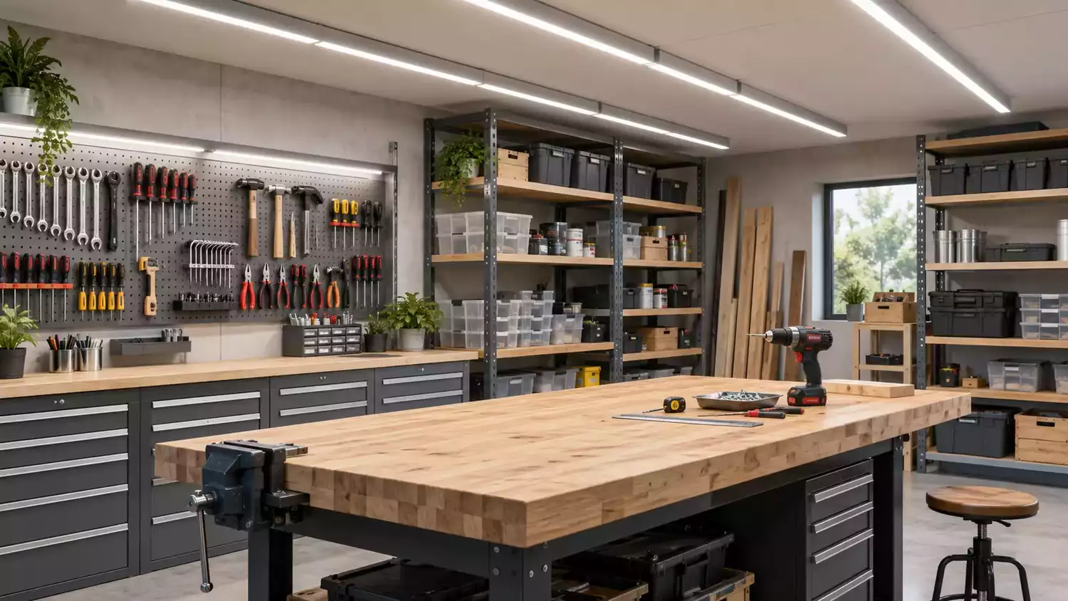 Banco de trabajo iluminado sin sombras por regletas LED lineales