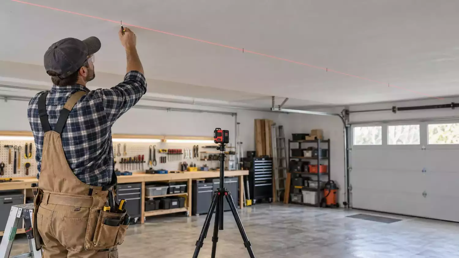 Instalador midiendo la separación de regletas LED en un taller
