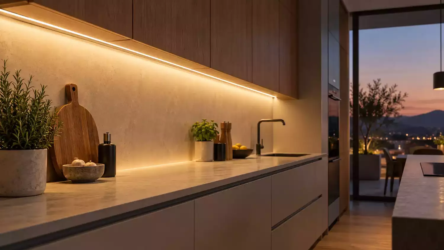 Cocina con tira LED COB continua bajo los muebles altos